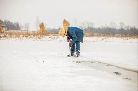 An Amish man picks out a block of ice. 