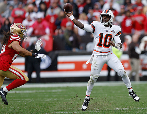 Browns QB PJ Walker attempts a pass against the San Francisco 49ers