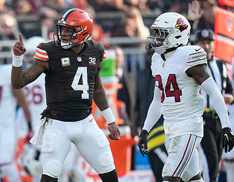 Browns quarterback Deshaun Watson celebrates a first down against the Arizona Cardinals.