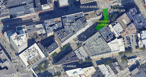 Location of the proposed closure of Huron Road to vehicular traffic for a potential street market of non-food and beverage vendors and artists (Google/KJP).