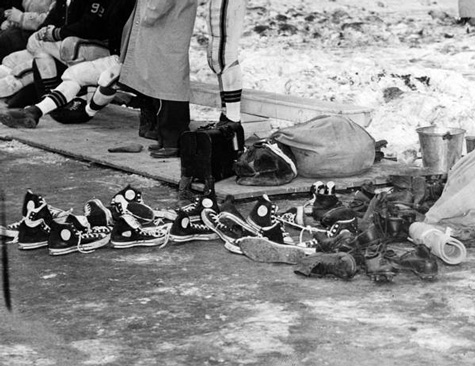 Tennis shoes worn by players during a snowy AFC Championship game.