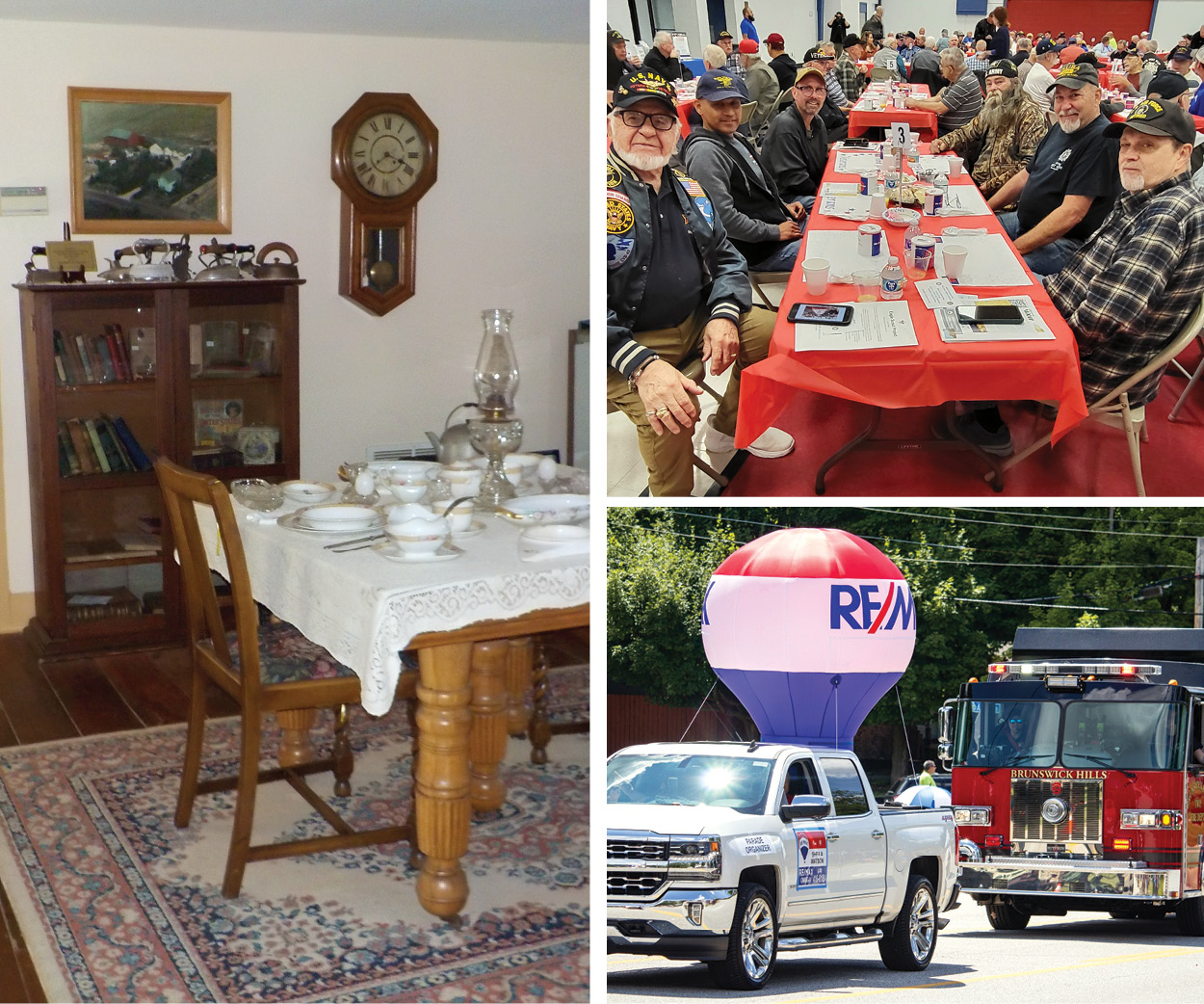 Heritage Farm interior table, veterans sitting at table during veterans breakfast, firetruck in parade