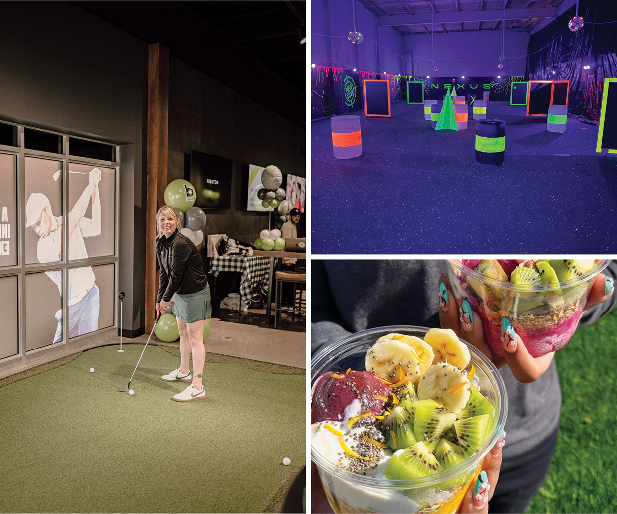 Woman putting at Back Nine, game room at the Courthouse, fruit bowl from Beyond Juicery