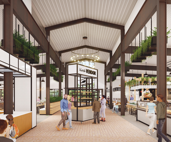 a rendering of Market 42, showing a kiosk and people walking around