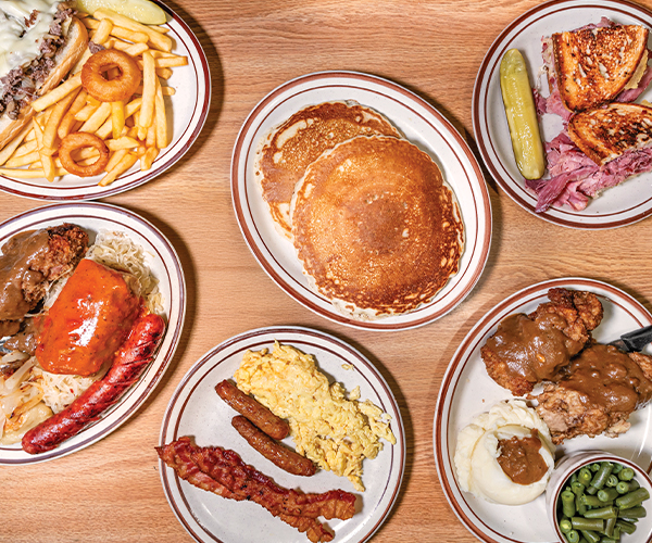 Overhead view of plated food