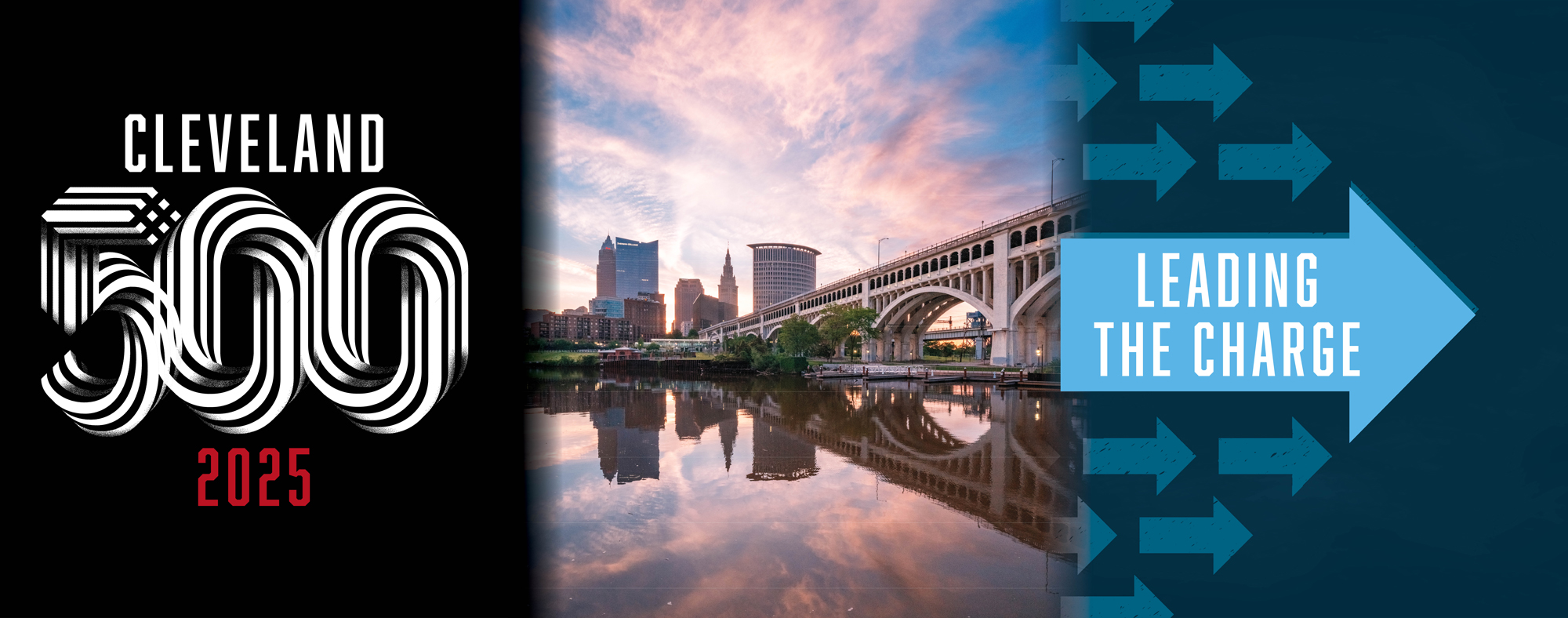 A collage with the 2025 logo for Cleveland 500, a skyline photo of Cleveland, and a collage of arrows with the title
