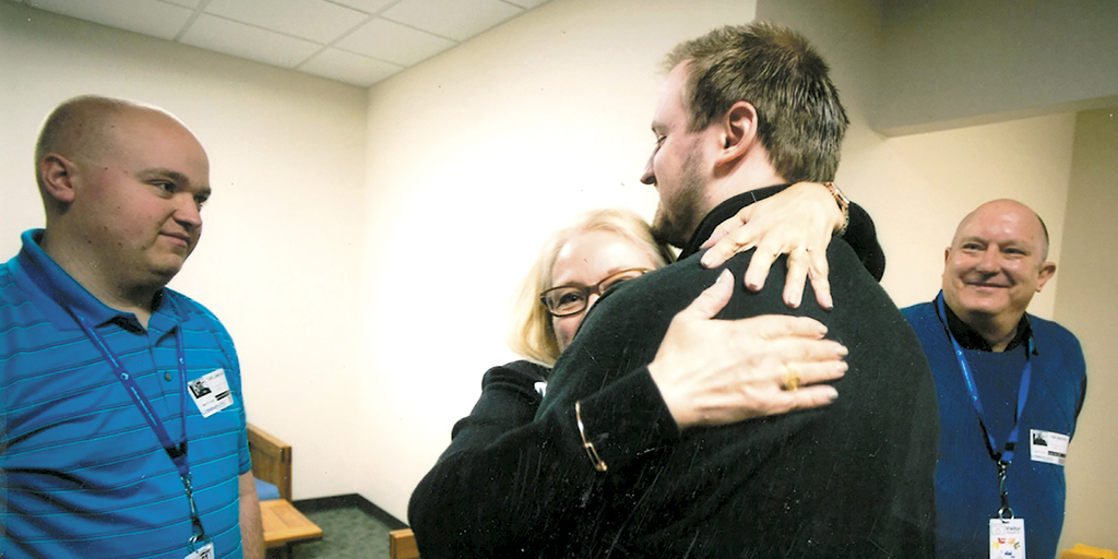 Carol Jaworski hugs her son Robert at Northcoast Behavioral Healthcare in April 2017