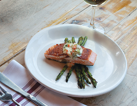 Pan Roasted Salmon with Grilled Curry Asparagus and Fermented Pickle Remoulade