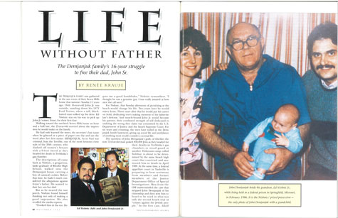 A full-page scan of the opening spread of "Life Without Father" from the November 1992 issue of Cleveland Magazine.