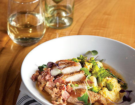 Aurelia switches its menu up daily, with seasonal dishes such as the chicken and cheesy grits.  Aurelia switches its menu up daily, with seasonal dishes such as the chicken and cheesy grits.