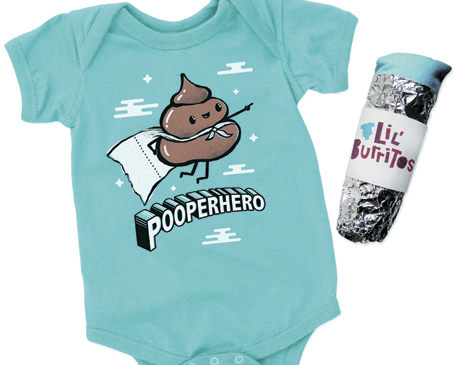 One of the most popular designs is the “Pooperhero” onesie ($18), a character based off of babies’ second favorite activity after sleeping. 