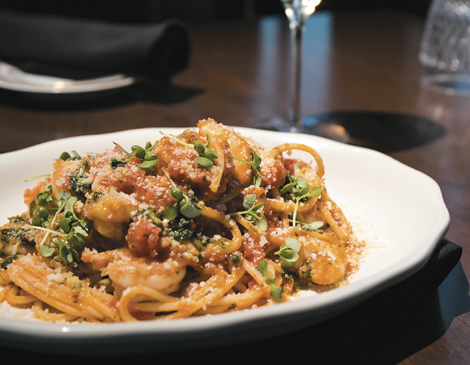 The shrimp and pasta arrabbiata  is just one of the entrees at Bull & Bird Steakhouse created with strong  European flavors. The shrimp and pasta arrabbiata  is just one of the entrees at Bull & Bird Steakhouse created with strong  European flavors.