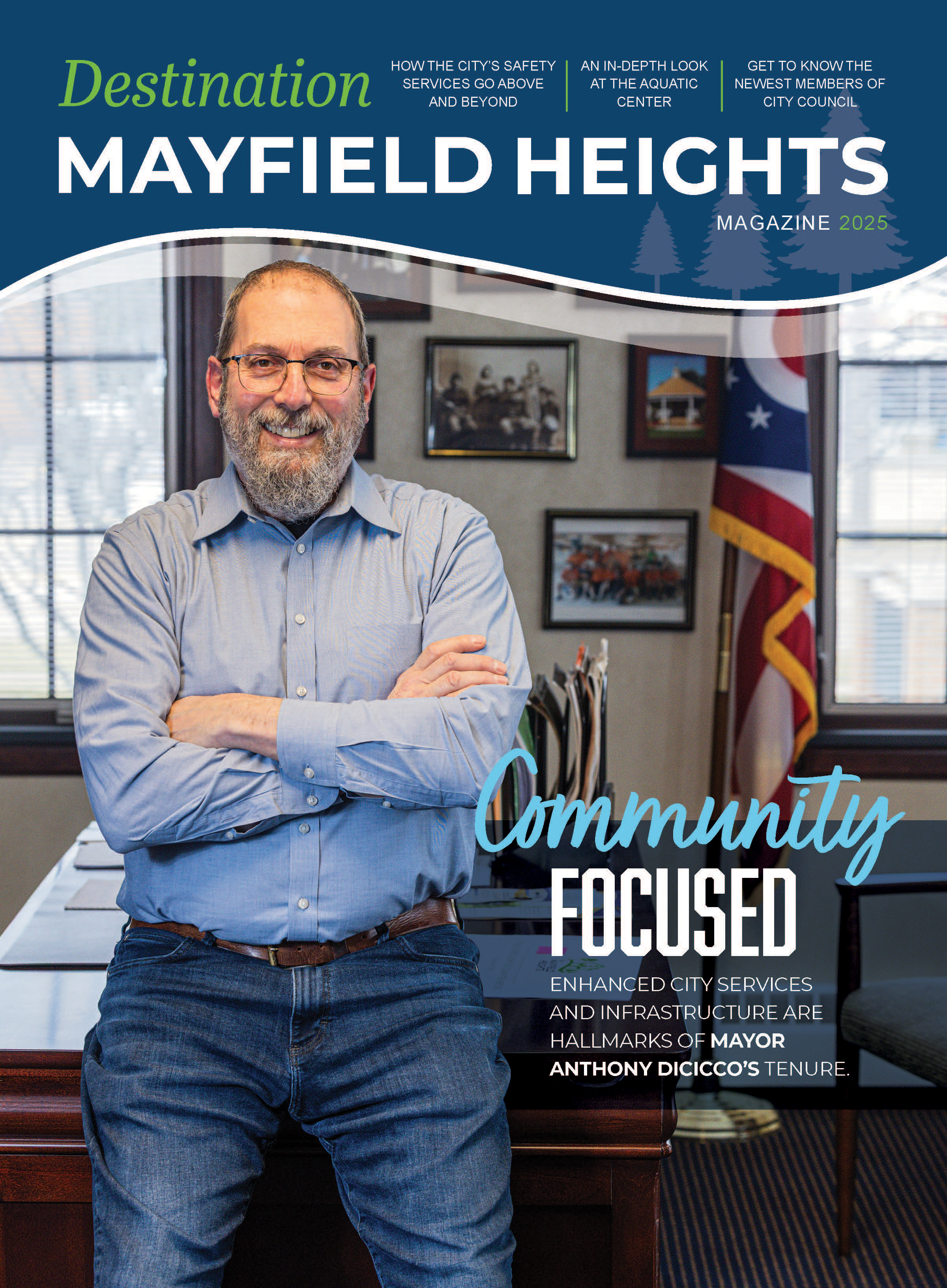 Mayfield Heights 2025 Magazine cover featuring Mayor DiCicco standing by desk