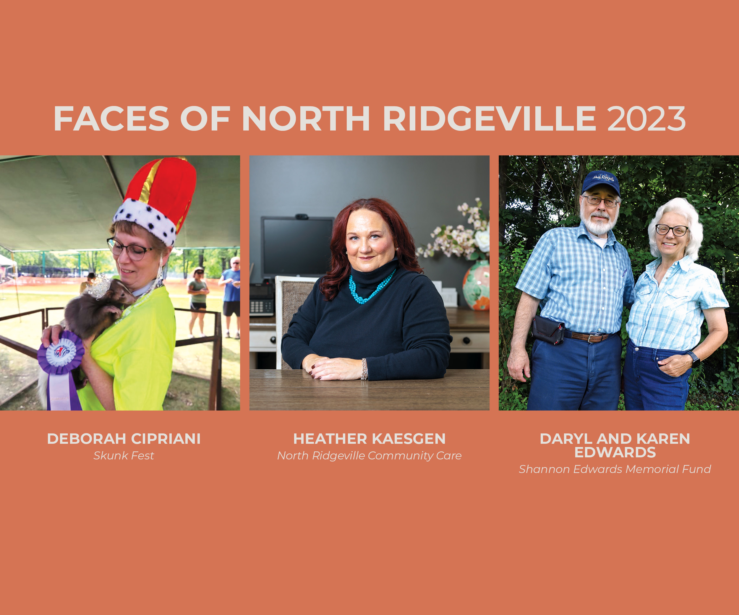 An orange graphic with a photo of Deborah Cipriani, Heather Kaesgen, and Daryl and Karen Edwards