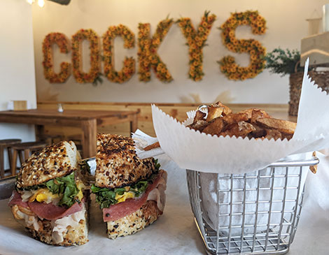 Cocky's Bagels in Cleveland's Flats Cocky's Bagel Sandwich and Fries