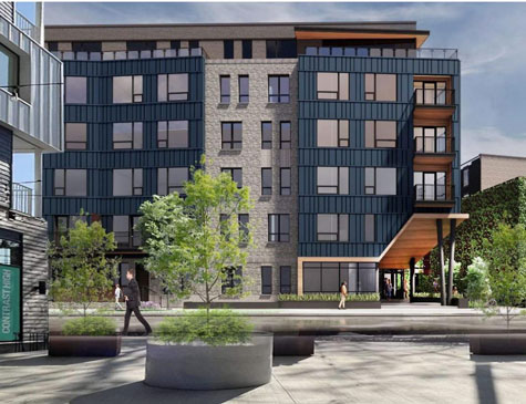 View of the proposed Hanover House building at 2828 Clinton, the Ohio City Firehouse and the alley into 2828 Clinton between them, as seen from the retail promenade at Church + State across Church Avenue (Vocon).