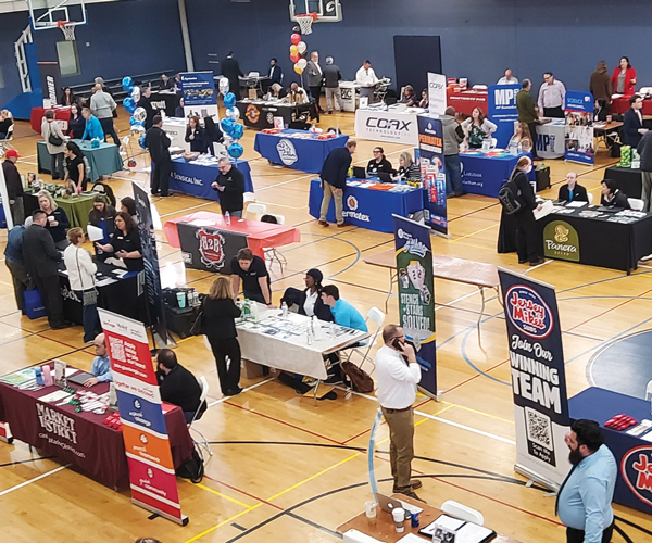 An overhead view of booths set up for the Solon Job Fair