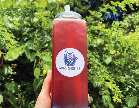 A pinkish red bubble tea with blue tapioca from Ming's Bubble Tea in Solon, Ohio