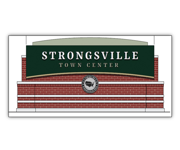 A rendering of a brick sign reading "Strongsville Town Center"