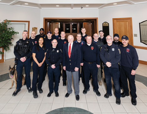 westlake-city-service-depts-article A group photo of Westlake city police officers, firefighters, and mayor