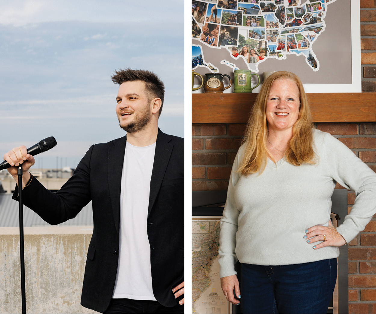 Hayden Grove with microphone and Kelly McCann standing in front of a U.S. map